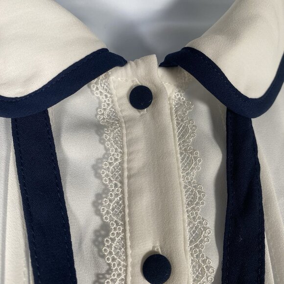 Vintage Style Blouse M Tie Neck Peter Pan Collar Preppy French Girl Coquette - Picture 4 of 13